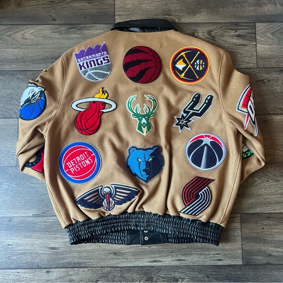 Jeff Hamilton Men's NBA Collage Wool Leather Jacket Brown Size XL SIGNED NEW - Picture 2 of 14